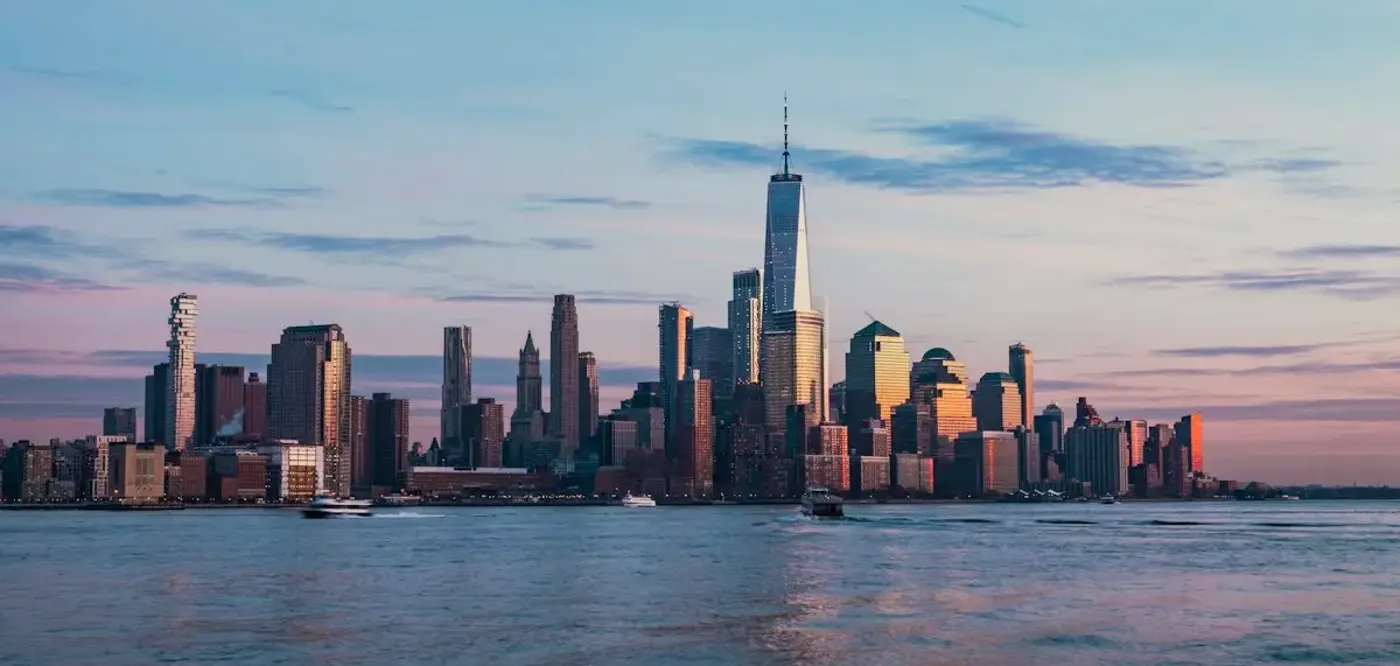 Lower Manhattan skyline at dusk